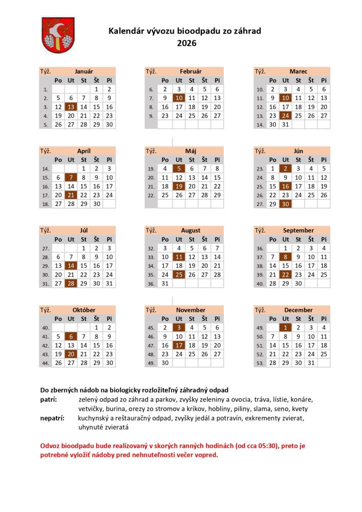 Kalendár vývozu bioodpadu 2026