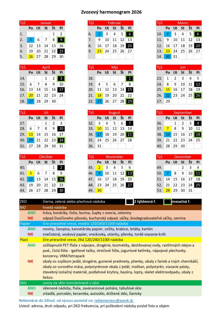 Zvozový harmonogram 2026